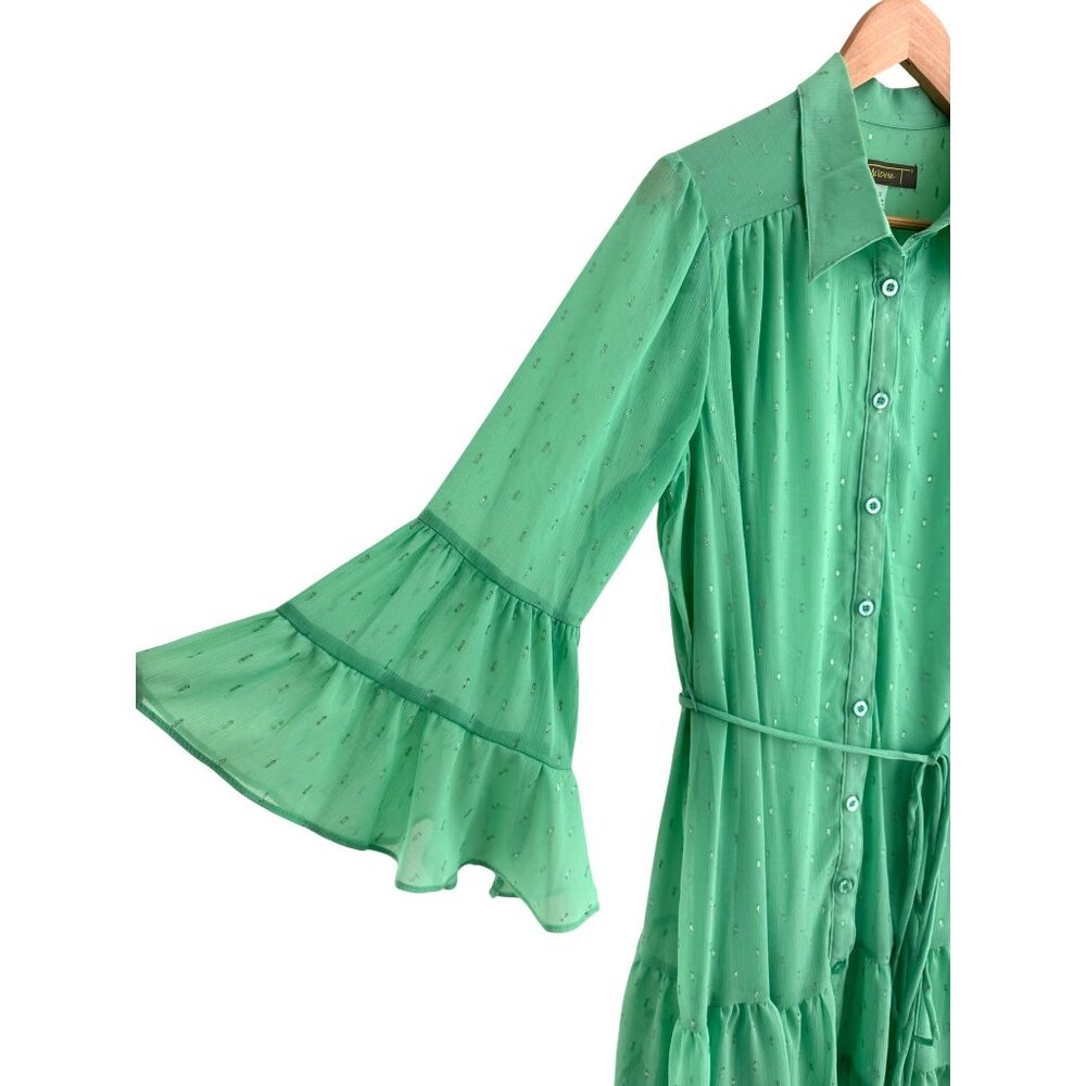 Green Silver Accents‎ Chiffon Ruffle Tiered Dress w/Tie Size 12 Western Country - Picture 3 of 9